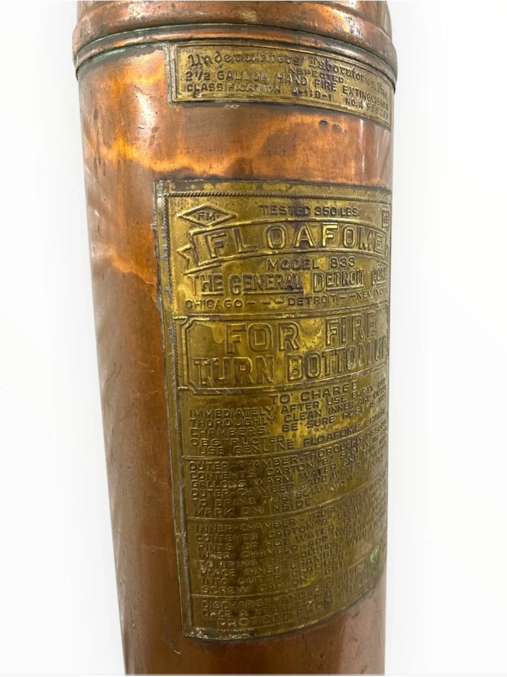 Vintage General Detroit Floafome 833 Copper Brass Fire Extinguisher 23” - Decor